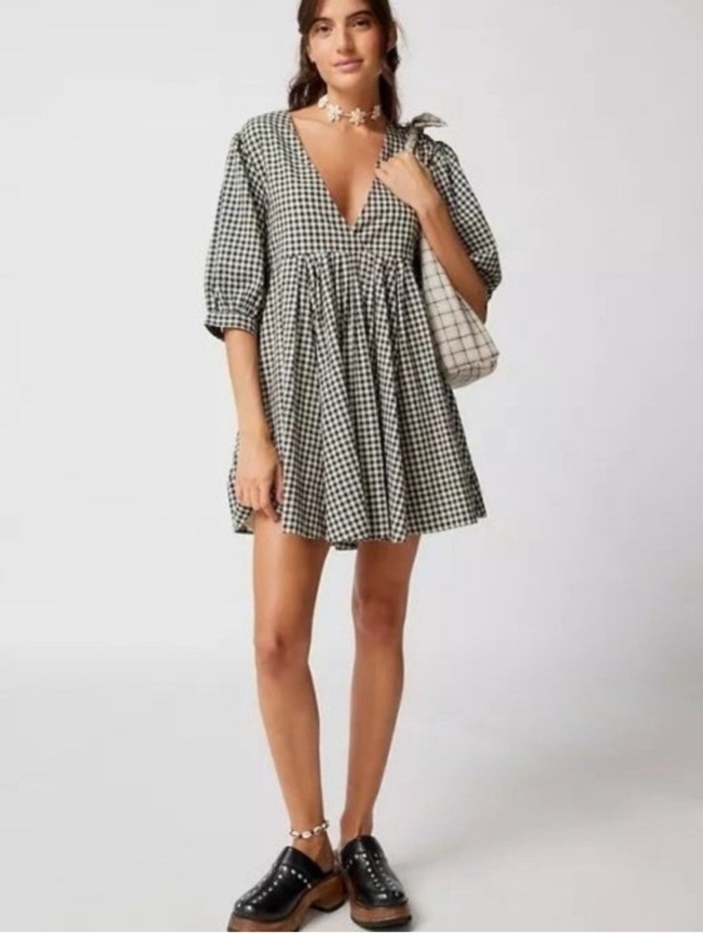 Ecote Vero Gingham Print  Puff Sleeve Mini Babydoll Dress Cotton Boho Checked